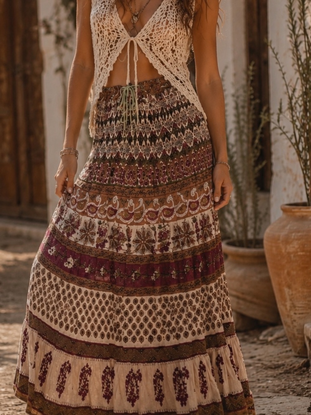 Folia Boho Paisley Floral Maxi Skirt Smocked Waist Drawstring Boho Indie OS